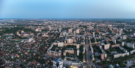 Aerial evening Kharkiv city center, Nauky street