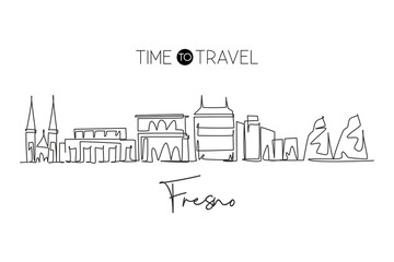 Fototapeta premium One single line drawing of Fresno city skyline, California. Town landscape for home wall decor poster. Best holiday destination. Trendy continuous line draw graphic design vector illustration