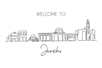 Obraz premium One continuous line drawing of Jericho city skyline, Palestine. World beautiful landscape tourism and travel vacation for wall decor print. Stylish single line draw graphic design vector illustration