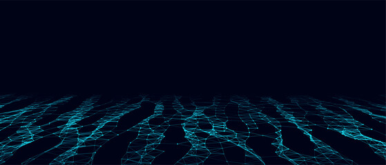 Abstract digital flow particles. Cyber network connection background. Big data visualization. Technology backdrop.