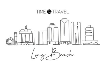 Fototapeta na wymiar One continuous line drawing of Long Beach city skyline, California. World beautiful landscape tourism travel vacation for wall decor print. Stylish single line draw graphic design vector illustration
