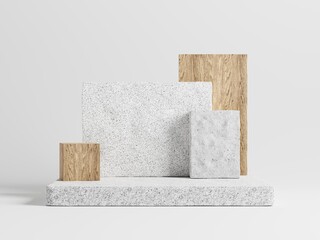 3d brick display podium with wood block against white background. 3d rendering of realistic presentation for product advertising. 3d minimal illustration.