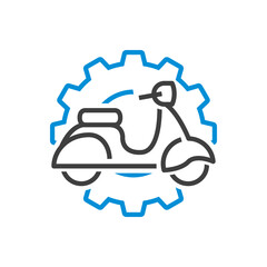 Icono silueta de scooter vintage sobre engranaje. Logotipo de servicio de reparación de motos. Vector con líneas en color gris y azul