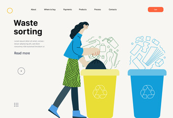 Ecology - Waste sorting -Modern flat vector concept illustration of a young woman putting a trash bag into the garbage container for plastic waste. Creative landing web page template