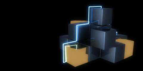 3D abstract background with neon lights. neon tunnel  .space CUBES construction . .3d illustration