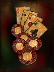 Vintage casino banner  with chip and poker cards, vector illustration