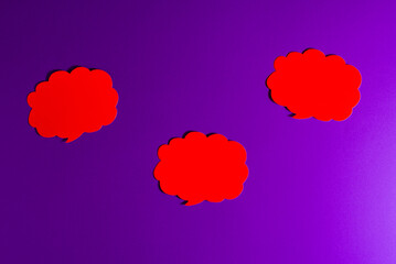 Empty speech three red clouds chat mockup for text on purple ,veri peri color background.copy space.