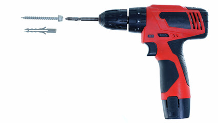 red cordless drill and screw isolated white background