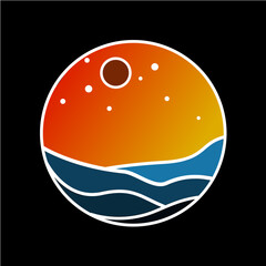 monoline illustration depicting a beach in summer or at night, inspired by the southern coast of the island of Java in Indonesia at sunset