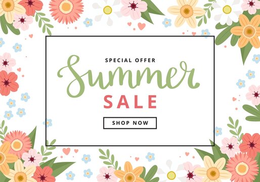 Summer sale banner with flowers. Hand drawn cute flowers and lettering. Vector illustration colorful template in flat cartoon style