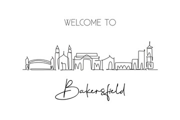 Obraz premium One single line drawing Bakersfield city skyline, California. Historical town landscape in the world. Best holiday destination. Editable stroke trendy continuous line draw design vector illustration