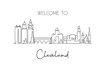 One continuous line drawing of Cleveland city skyline, Ohio. Beautiful landmark. World landscape tourism travel home wall decor poster print art. Stylish single line draw design vector illustration - obrazy, fototapety, plakaty