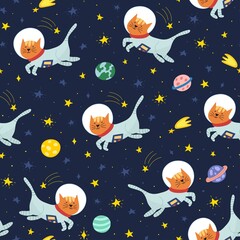 Cute cat astronaut in space seamless pattern. Background for kids with funny character. Great for fabric and wrapping paper. Vector illustration