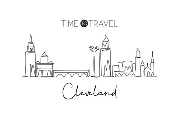Obraz premium One single line drawing of Cleveland city skyline, Ohio. Historical town landscape in world. Best holiday destination wall decor. Editable stroke trendy continuous line draw design vector illustration