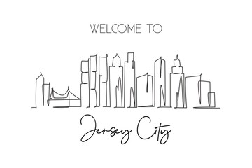 Fototapeta premium One continuous line drawing of Jersey City skyline, New Jersey. Beautiful landmark. World landscape tourism travel home wall decor poster print. Stylish single line draw design vector illustration