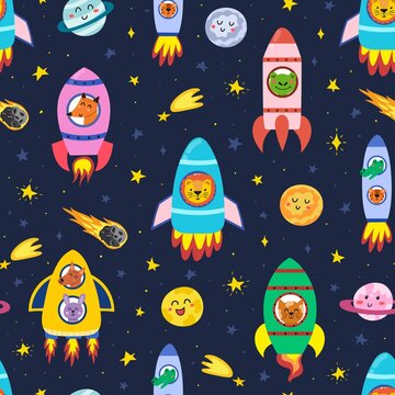 Cute animals flying in rockets seamless pattern. Background for kids with funny characters travelling in space. Great for fabric and wrapping paper. Vector illustration