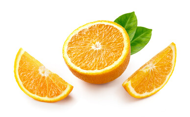 Tasty orange with half of orange and orange slice isolated on white background.