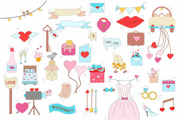Wedding icons. Car, letter, key, dress, gifts, glasses, rings, champagne. Wedding ema for your design on a light