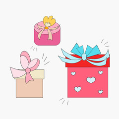 Gift box set with pastel ribbon bow isolated on a light background. Modern holiday surprise box. Realistic vector icon for present, birthday or wedding banners.