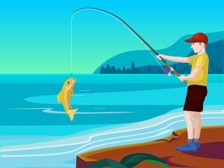 Boy enjoying fishing. Fisherman on river pier with fishing rods. Happy boy child holding fish on the hook.