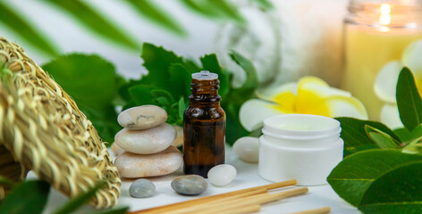 Background spa cosmetics and oils and herbs. Selective focus.