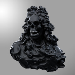 Concept illustration 3D rendering of baroque veiled black scary figure with skull face and silver shiny teeth isolated on grey background in dark art style.