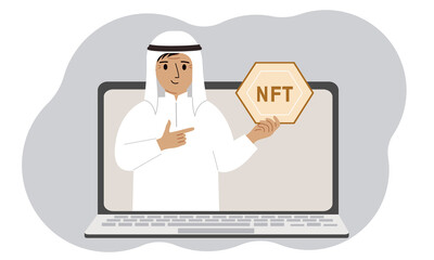 NFT concept. A laptop in which a muslim man with the image of NFT in the palm of his hand. Auction of non-fungible tokens, markets, online education.