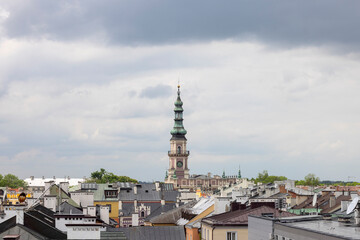 Aerial view of the city from the clock tower of the Town Hall building, Zamosc, Poland