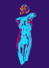 Abstract concept illustration from 3D rendering of shiny metallic classical female torso sculpture and chrome reflecting screaming skull isolated on background in vaporwave colorful style. - obrazy, fototapety, plakaty