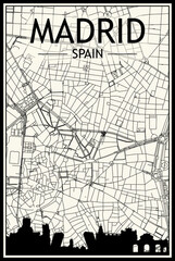 Light printout city poster with panoramic skyline and hand-drawn streets network on vintage beige background of the downtown MADRID, SPAIN