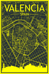 Yellow printout city poster with panoramic skyline and hand-drawn streets network on dark gray background of the downtown VALENCIA, SPAIN