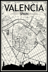 Light printout city poster with panoramic skyline and hand-drawn streets network on vintage beige background of the downtown VALENCIA, SPAIN