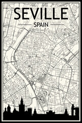 Light printout city poster with panoramic skyline and hand-drawn streets network on vintage beige background of the downtown SEVILLE, SPAIN