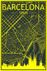 Yellow printout city poster with panoramic skyline and hand-drawn streets network on dark gray background of the downtown BARCELONA, SPAIN