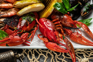 A plate full of cooked crayfish, Traditional Swedish cuisine, Restaurant menu, dieting, cookbook recipe