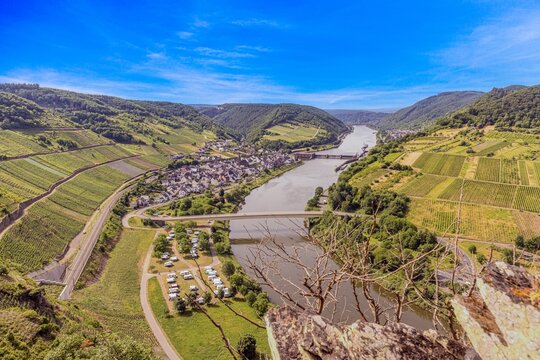 View of the wine village Neef near the Mosel loop Bremm in Rhineland-Palatinate during the day