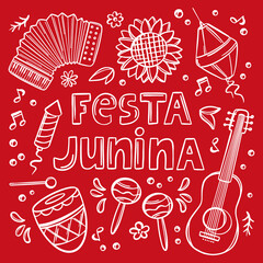 FESTA JUNINA MONORED June Festival Catholic Tradition Brazil Carnival Holiday Lettering With Musical Instruments On Red Background Vector Illustration Banner