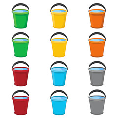 Set of multicolored buckets of water with a black handle raised up. Cartoon buckets with and without shadow. Water pails, metal and plastic buckets. Buckets filled water for garden or cleaning house.