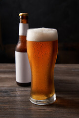 Bottle and glass of beer on black background.