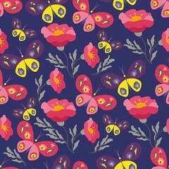 Naklejka premium Floral background with butterflies, bright flowers seamless pattern. Vector illustration.