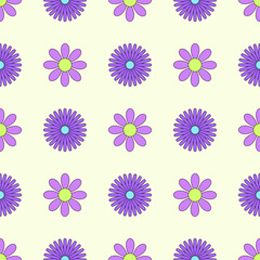 Vector seamless pattern with simple geometric graphic hippie flowers for print, paper, textile, cover, fabric, interior decor.Flat minimal colorful retro or vintage illustration