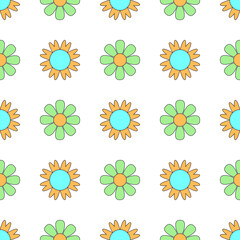 Vector seamless pattern with simple geometric graphic hippie flowers for print, paper, textile, cover, fabric, interior decor.Flat minimal colorful retro or vintage illustration