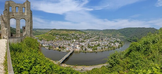 View of the Mosel river with the wine village of Traben-Trarbach in Rhineland-Palatinate during the...