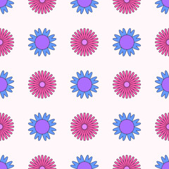 Vector seamless pattern with simple geometric graphic hippie flowers for print, paper, textile, cover, fabric, interior decor.Flat minimal colorful retro or vintage illustration