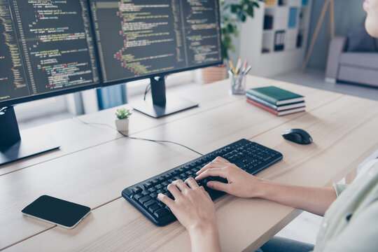 Cropped close-up photo of typing woman coding professional creative web-designer creative new social network remote in office
