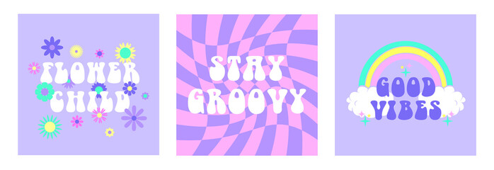 Vector abstract retro 60s, 70s hippie aesthetic backgrounds set with groovy flowers, rainbow, inspirational lettering phrases. Vintage illustrations for fashion art prints, poster or card