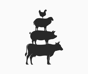 Cow, Pig, Lamb, and Chicken stand on each other. Farm animal group icons