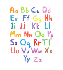 Вright colorful alphabet hand drawn with wax crayons. In vertical. Suitable for print, postcard, sketchbook cover, poster, stickers, your design.