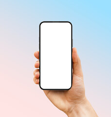 Frameless smartphone with a blank screen in hand on a blue-to-pink gradient