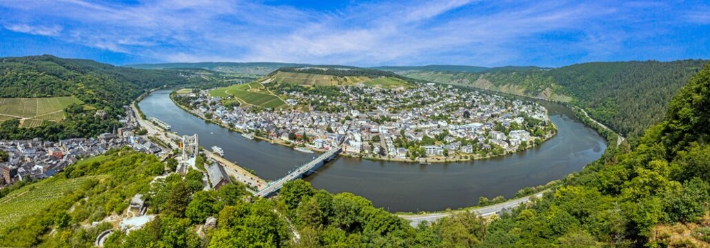 View of the Mosel river with the wine village of Traben-Trarbach in Rhineland-Palatinate during the day